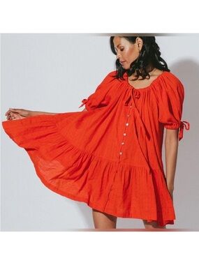 Cleobella Red Button-Front Peasant Mini Dress